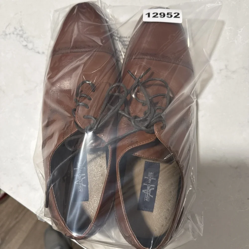 Ashford & Hays Mens Brown Leather Cap Toe Oxford Dress Shoes Size 10